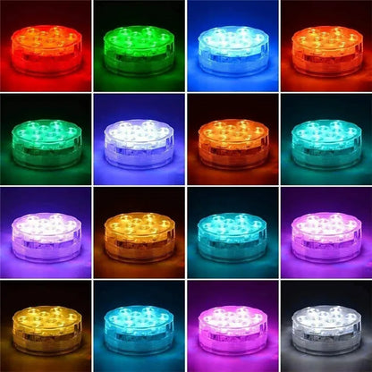RGB LED Underwater Light - 10 LED Battery Powered Submersible Night Lamp for Swimming Pools, Gardens, Weddings & Party Decorations