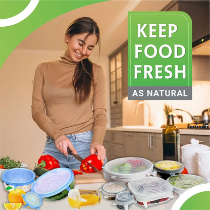 Universal Silicone Food Storage Lids - 6 Piece Set of Reusable Airtight Stretch Covers for Round Dishes & Kitchen Containers