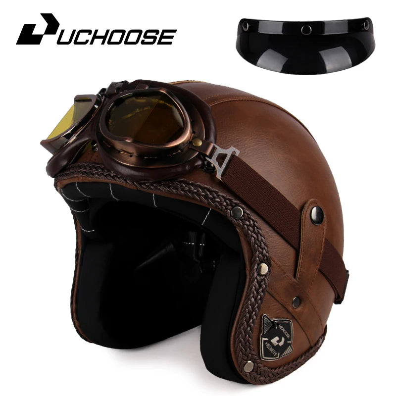 Retro Open Face 3/4 Motorcycle Helmet - Classic PU Leather Chopper & Bicycle Helmet (Vintage Style)