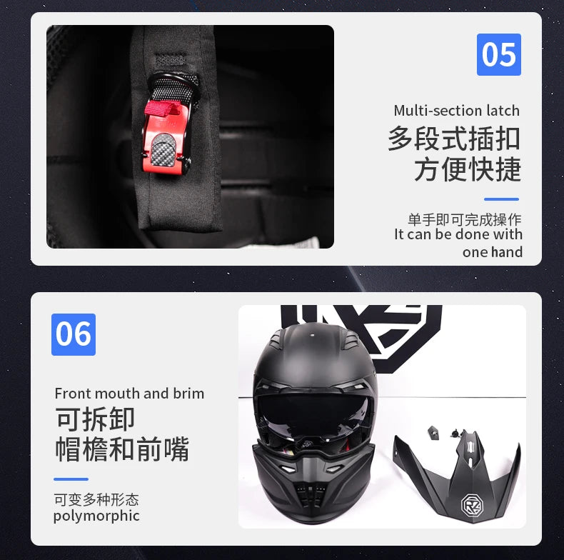 ORZ Black Warrior Vintage Motorcycle Helmet - Full Face & Half Face Combination Helmet for Cruising and Motocross