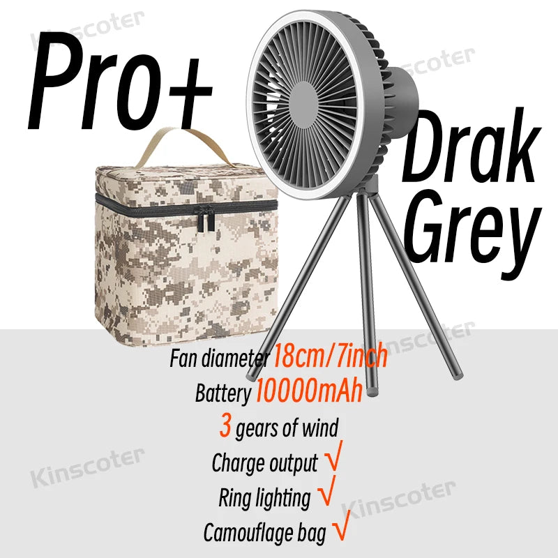 Rechargeable Camping Fan - 10000mAh Power Bank with LED Lighting | Portable Desktop & Wireless Ceiling Electric Circulator Fan