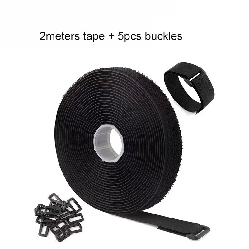 2M Cut-to-Length Reusable Nylon Cable Organizer Strap - Self-Adhesive Hook and Loop Fastening Tape with Buckle for Storage and Securing