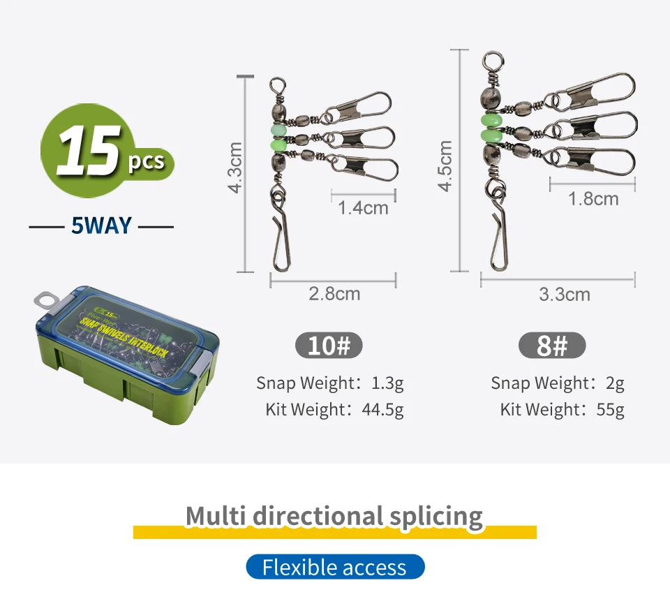 Premium Fishing Swivel Connector Set - Size 8# 10# with Bearing Rolling Swivel & Interlock Snap