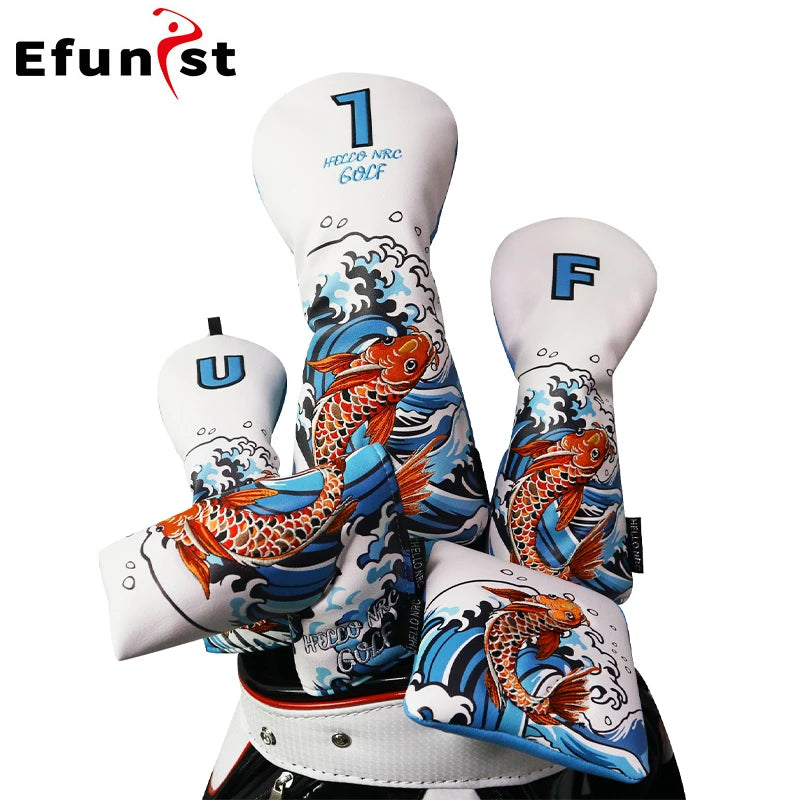 Koi Pattern Golf Club Head Covers – PU Leather, Waterproof, Driver / Fairway / Hybrid / Putter