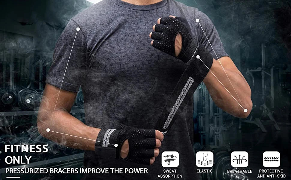 Half-Finger Workout Gloves with Wrist Support - Weight Lifting & Gym Training