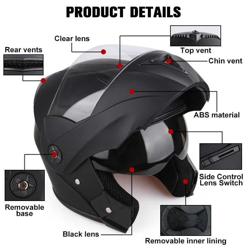 DOT Certified Modular Flip-Up Motorcycle Helmet - Dual Visor Cross-Country Safety Helmet - Unisex