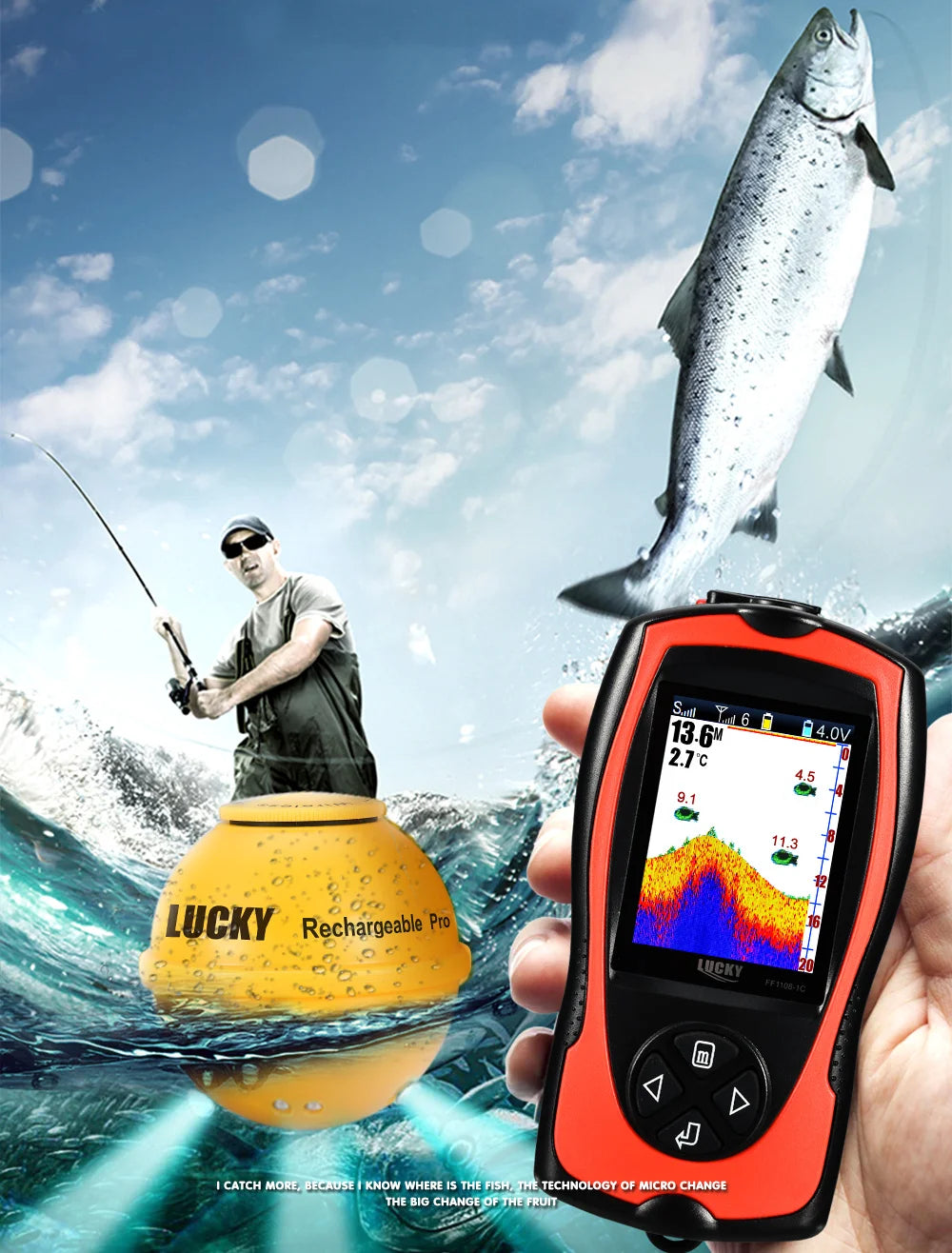 Wireless Fish Finder - Rechargeable Sonar Sensor 45M Depth for Portable Fishing