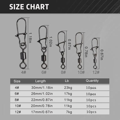 Premium Stainless Steel Fishing Swivel Connectors - 50 Piece Set with Rolling Bearing & Snap Hook for Lure Rigging