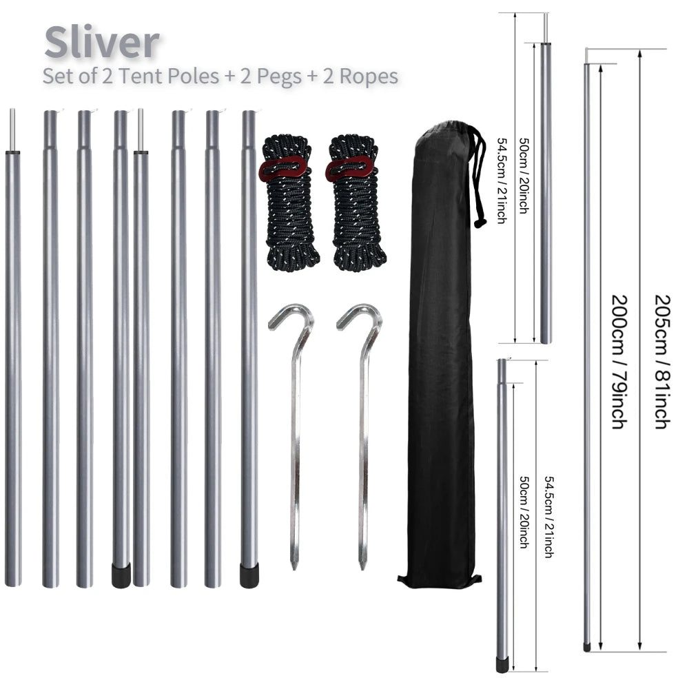 Set of 2 Tent Poles Adjustable Tarp Poles Steel Rods for Sun Shelter Tarp Canopy Camping Replacement With Pegs & Ropes