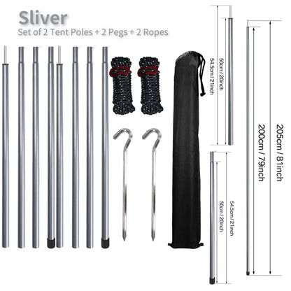 Set of 2 Tent Poles Adjustable Tarp Poles Steel Rods for Sun Shelter Tarp Canopy Camping Replacement With Pegs & Ropes