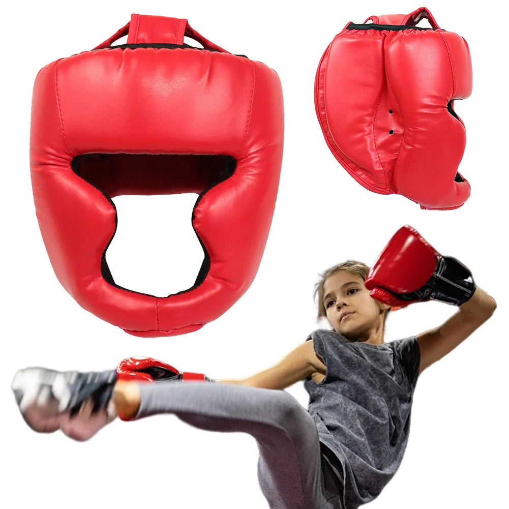 MMA Boxing Training Set - PU Leather Safety Gloves & Head Gear Protector for Adults & Kids - Kickboxing Equipment