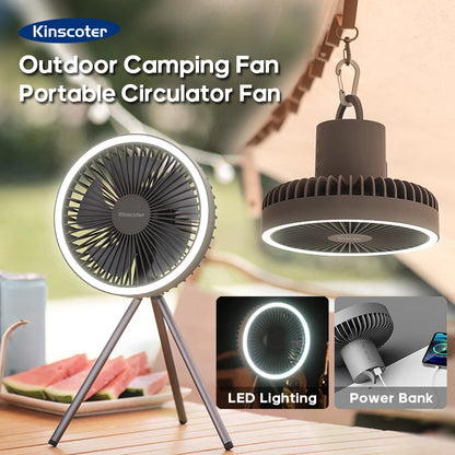 Rechargeable Camping Fan - 10000mAh Power Bank with LED Lighting | Portable Desktop & Wireless Ceiling Electric Circulator Fan
