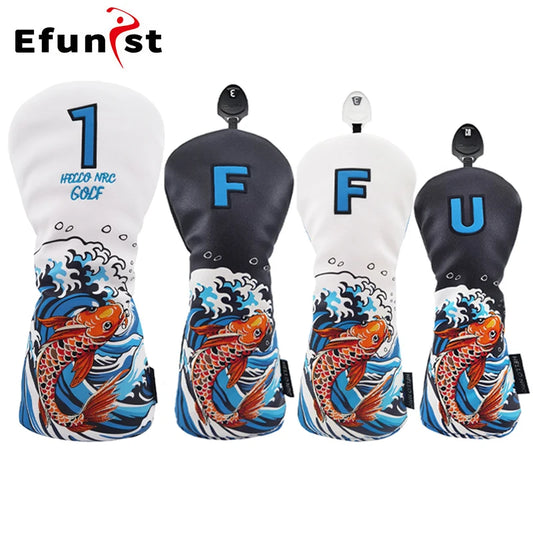 Koi Pattern Golf Club Head Covers – PU Leather, Waterproof, Driver / Fairway / Hybrid / Putter