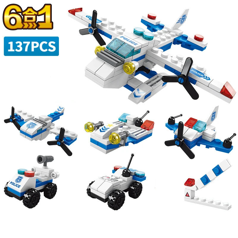 6-in-1 Emergency Vehicle Building Blocks Set - Police, Fire Truck & Construction Models (Compatible Building Bricks)