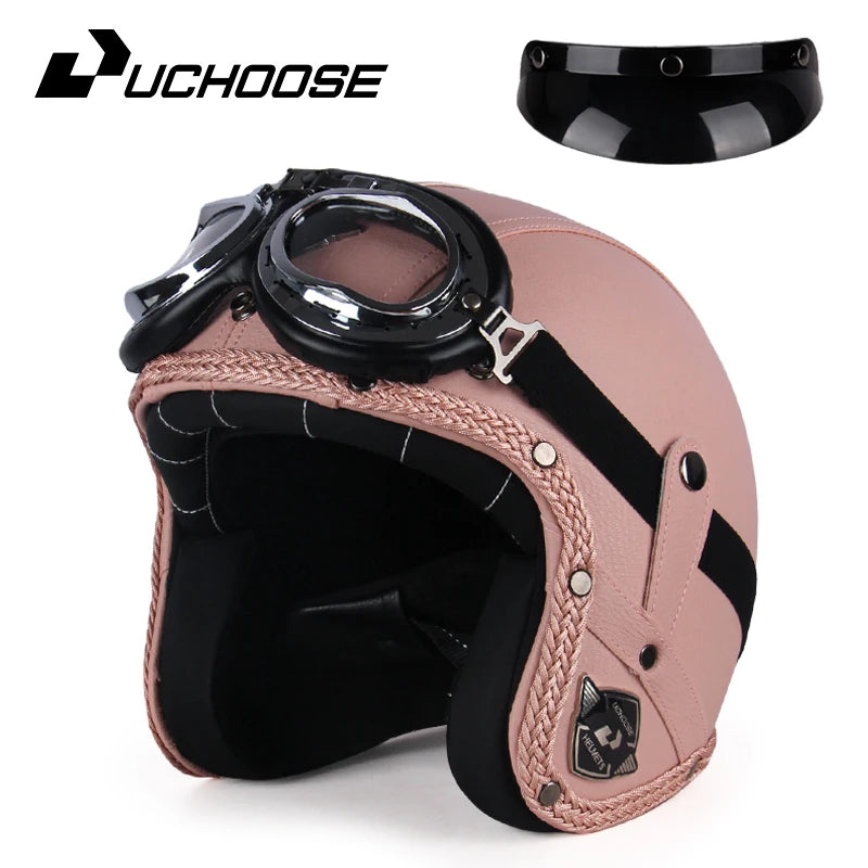 Retro Open Face 3/4 Motorcycle Helmet - Classic PU Leather Chopper & Bicycle Helmet (Vintage Style)