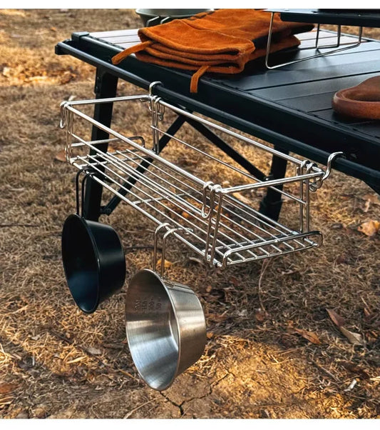Folding Aluminum Table Extension Rack - IGT Compatible Hanging Mesh Storage Basket with Side Bracket for Outdoor Tables