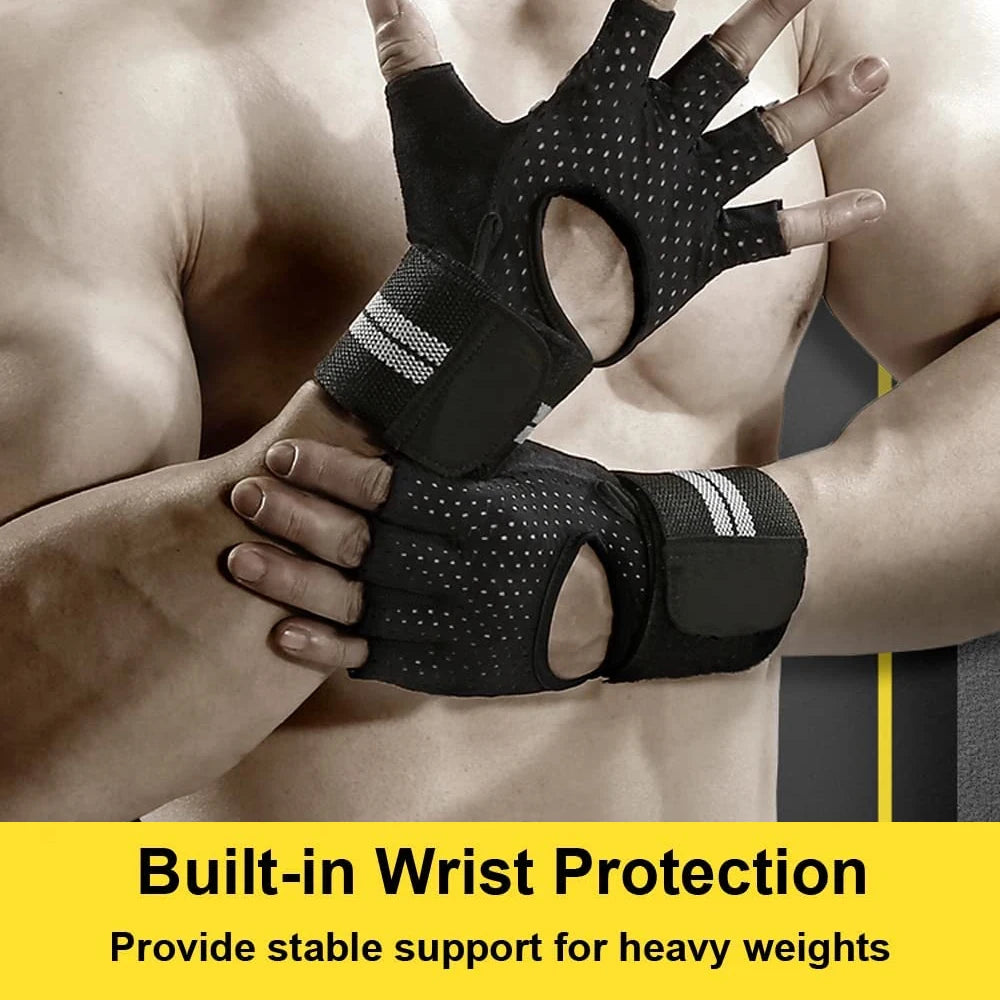 Half-Finger Workout Gloves with Wrist Support - Weight Lifting & Gym Training