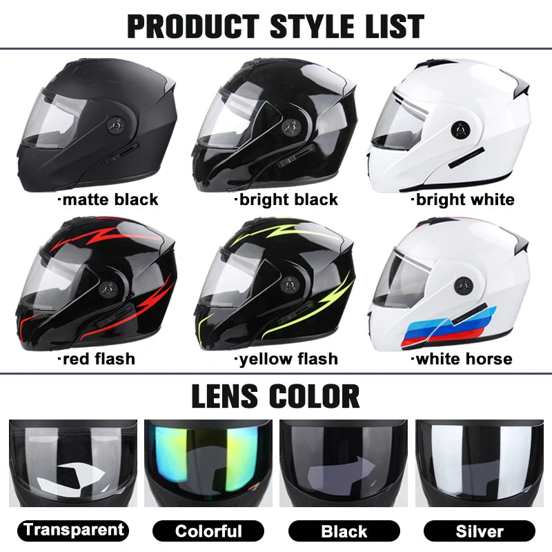 DOT Certified Modular Flip-Up Motorcycle Helmet - Dual Visor Cross-Country Safety Helmet - Unisex