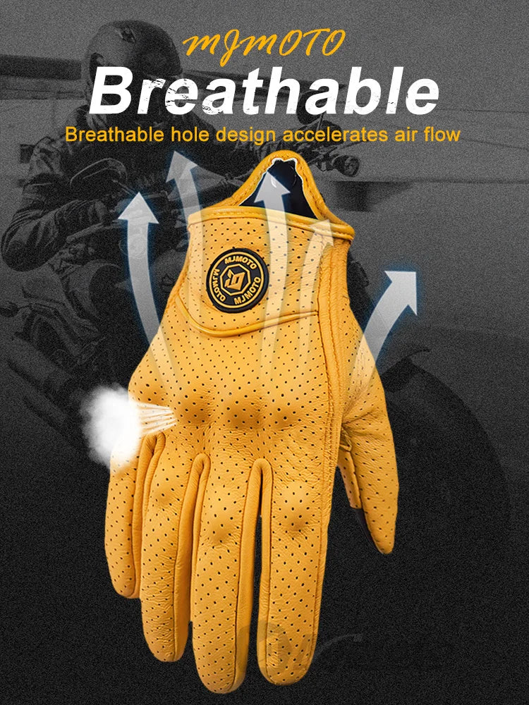 Breathable Perforated Leather Motorcycle Gloves - Retro Yellow Racing Gloves with Touch Screen for Men & Women - Motocross Motorbike Riding Gear