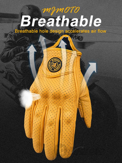 Breathable Perforated Leather Motorcycle Gloves - Retro Yellow Racing Gloves with Touch Screen for Men & Women - Motocross Motorbike Riding Gear