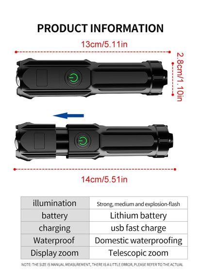 LED Camping Torch Flashlight - High Power Rechargeable USB Spotlight