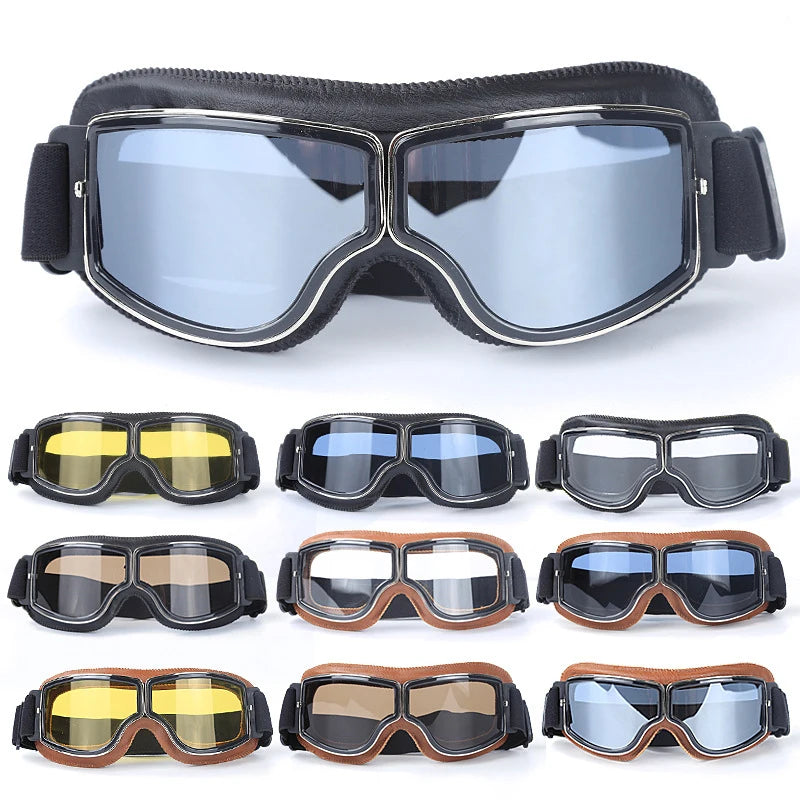 Retro Motorcycle Goggles - Windproof Folding Helmet Sunglasses with Leather Trim
