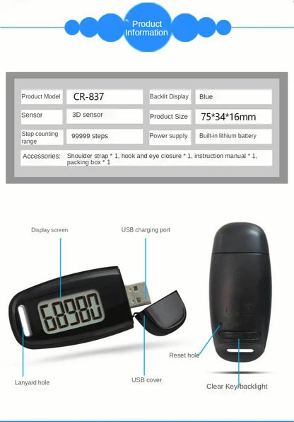 3D Pedometer Step Counter - USB Rechargeable with Backlight Display - Accurate Walking Step Tracker