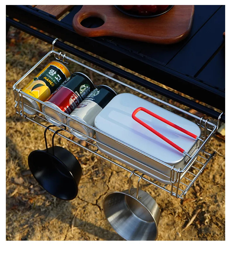 Folding Aluminum Table Extension Rack - IGT Compatible Hanging Mesh Storage Basket with Side Bracket for Outdoor Tables