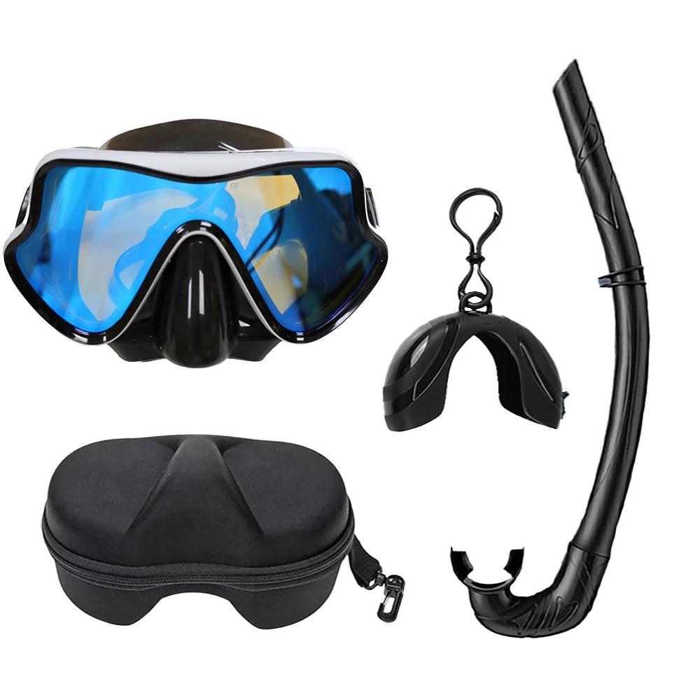 Professional Snorkeling Mask Set Tempered Glass Diving Goggles Foldable Dry Snorkel Tube Travel Case Anti-Fog Silicone