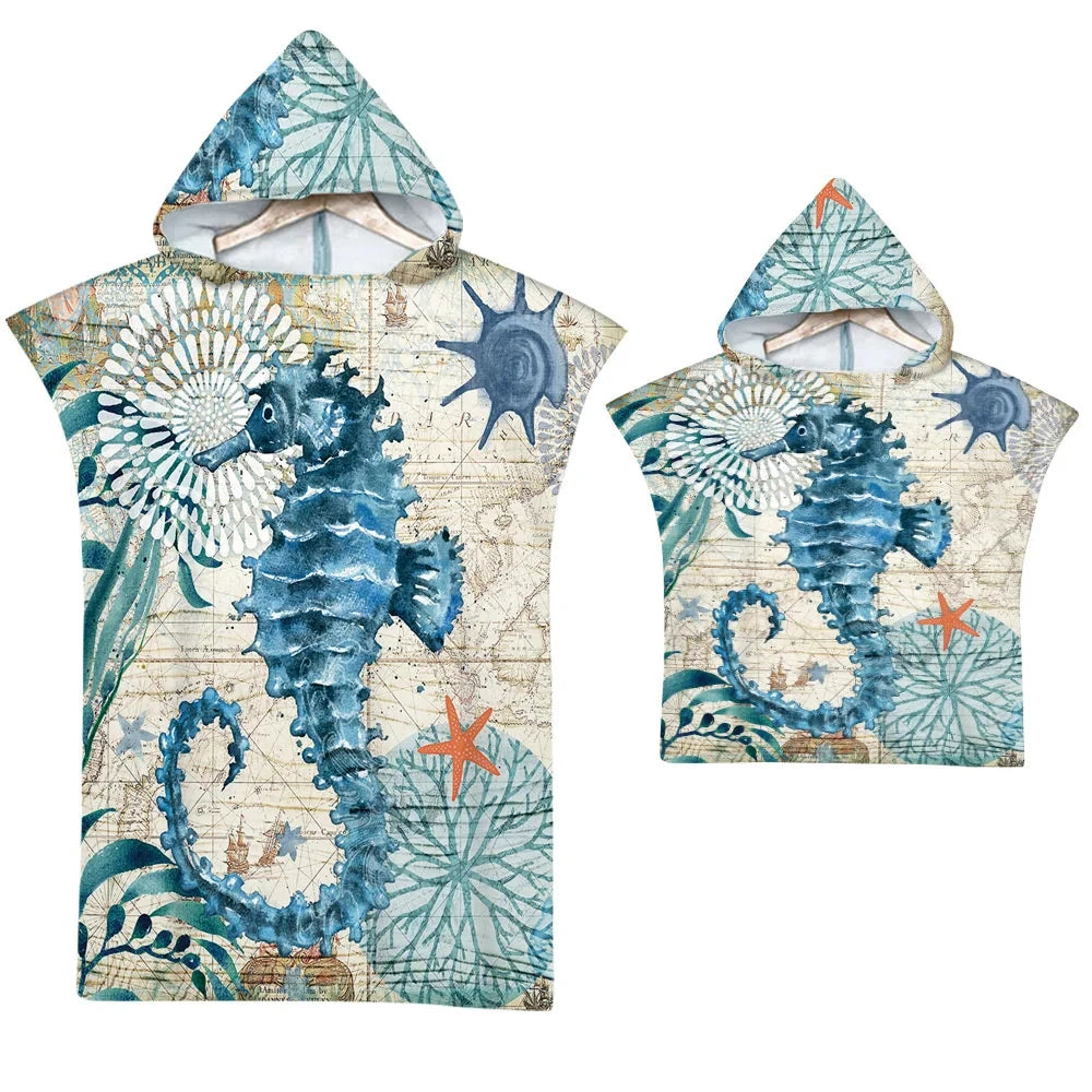 Quick-Dry Microfiber Hooded Towel Poncho with Printed Design - Beach & Water Sports Changing Robe