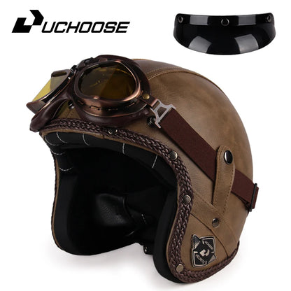 Retro Open Face 3/4 Motorcycle Helmet - Classic PU Leather Chopper & Bicycle Helmet (Vintage Style)
