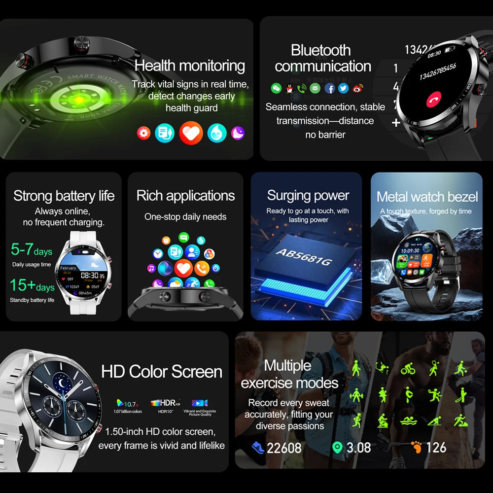 1.53" Full Touch Screen Smart Watch - Multi-Sport Mode with ECG+PPG, Waterproof & Bluetooth Call