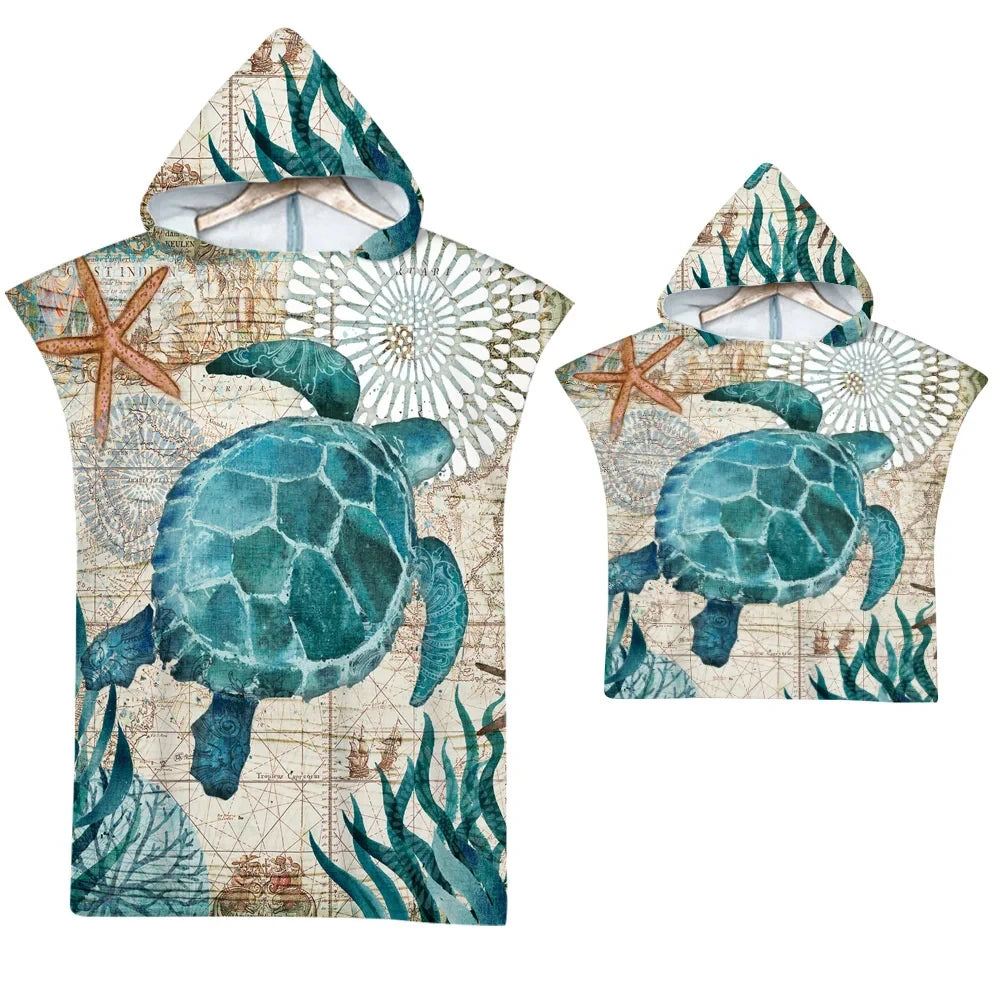 Quick-Dry Microfiber Hooded Towel Poncho with Printed Design - Beach & Water Sports Changing Robe