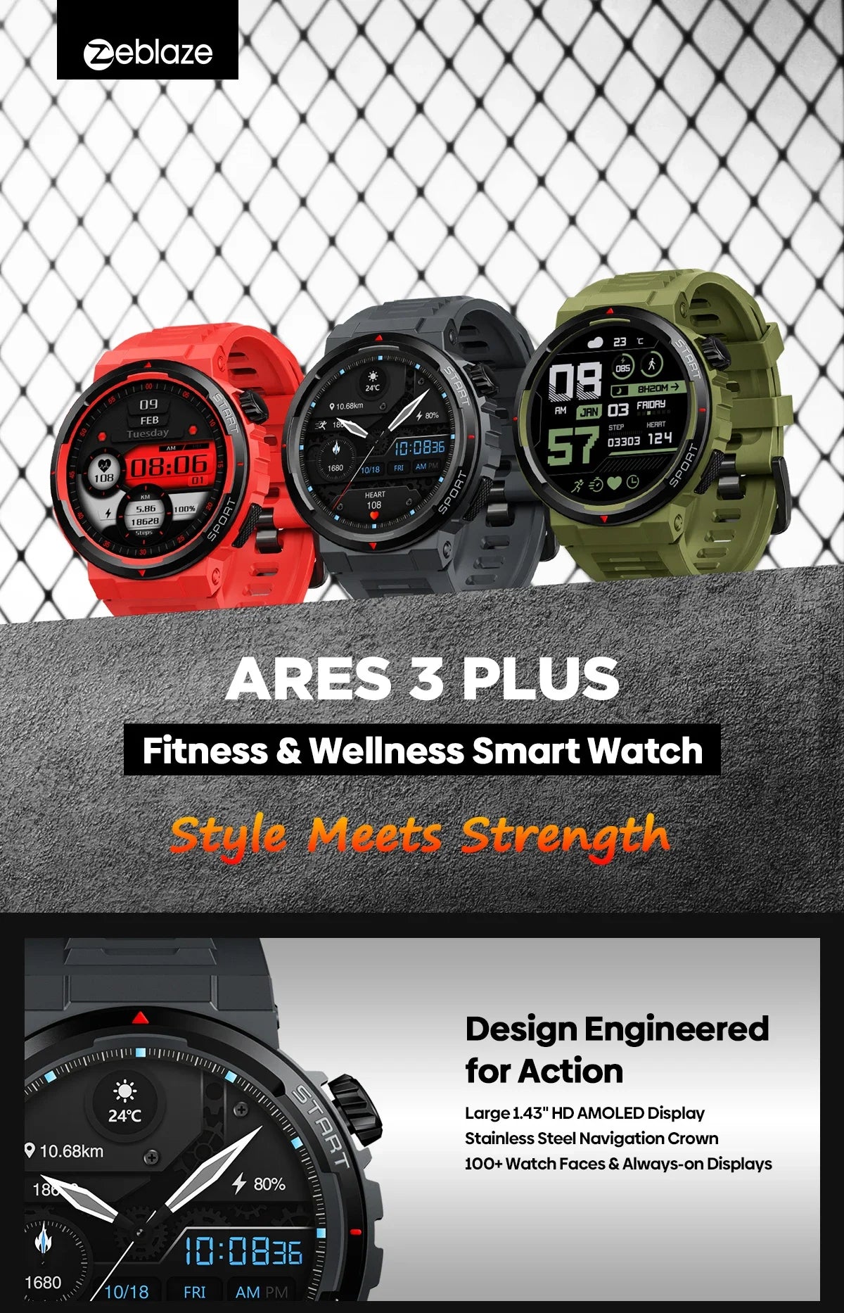 Zeblaze Ares 3 Plus Smartwatch - 1.43" AMOLED Display with Voice Calling & 3D Health Tracking
