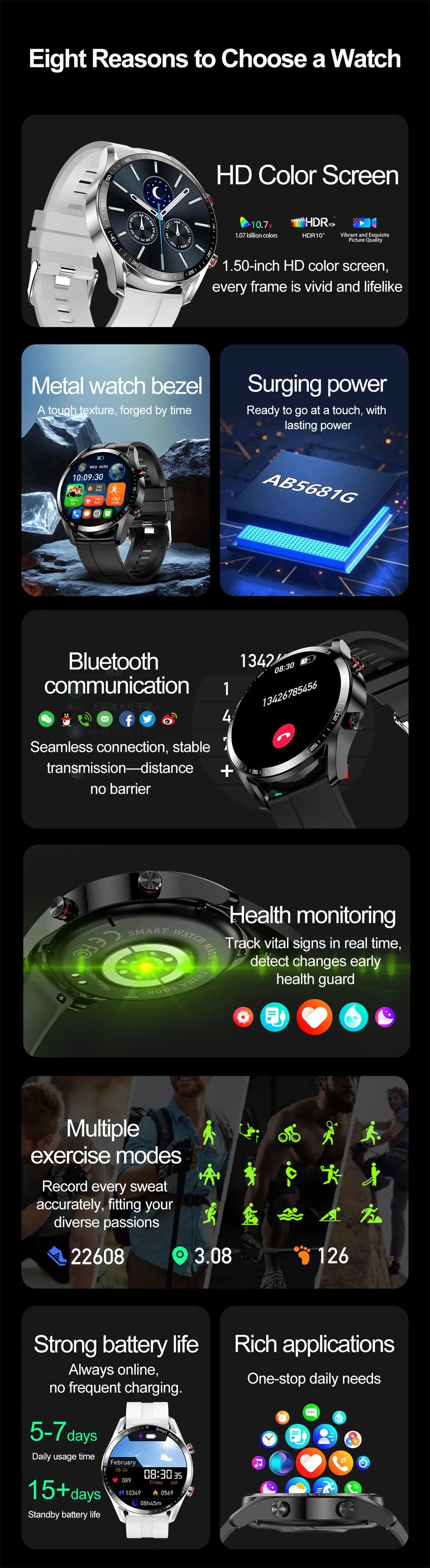 1.53" Full Touch Screen Smart Watch - Multi-Sport Mode with ECG+PPG, Waterproof & Bluetooth Call