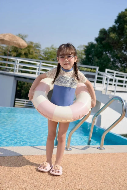 Kids PVC Striped Swimming Ring - Inflatable Floating Tube Donut for Boys & Girls Summer Pool Fun