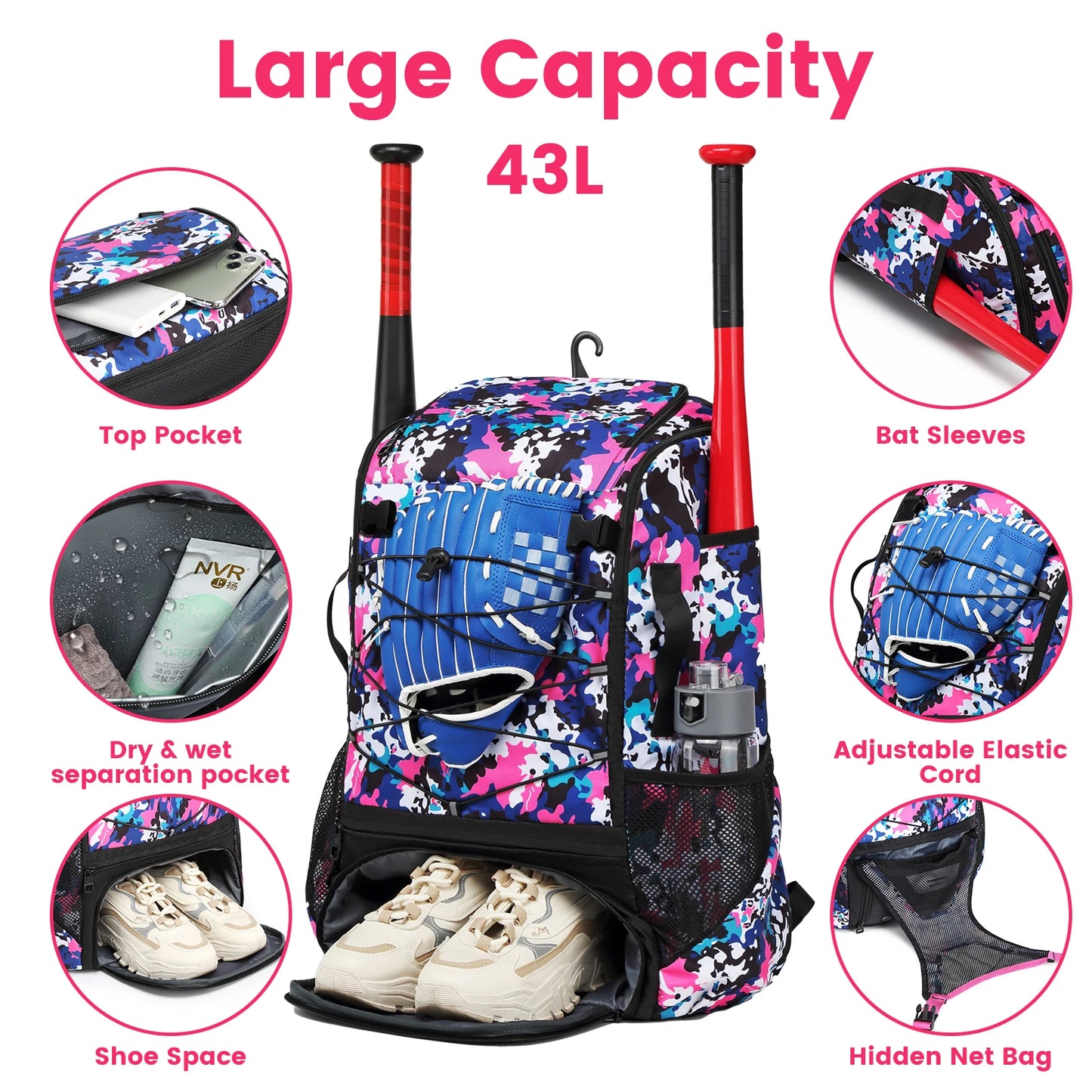 Youth Baseball Softball Backpack - Large Capacity Equipment Bag with Shoe Compartment