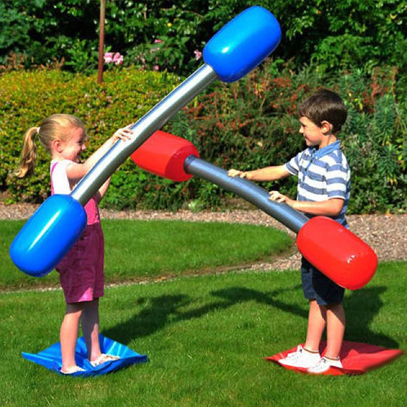 Inflatable Party Game Sticks Set - Red & Blue PVC Air Hammer Yard Game with Mats for Kids Boys Girls