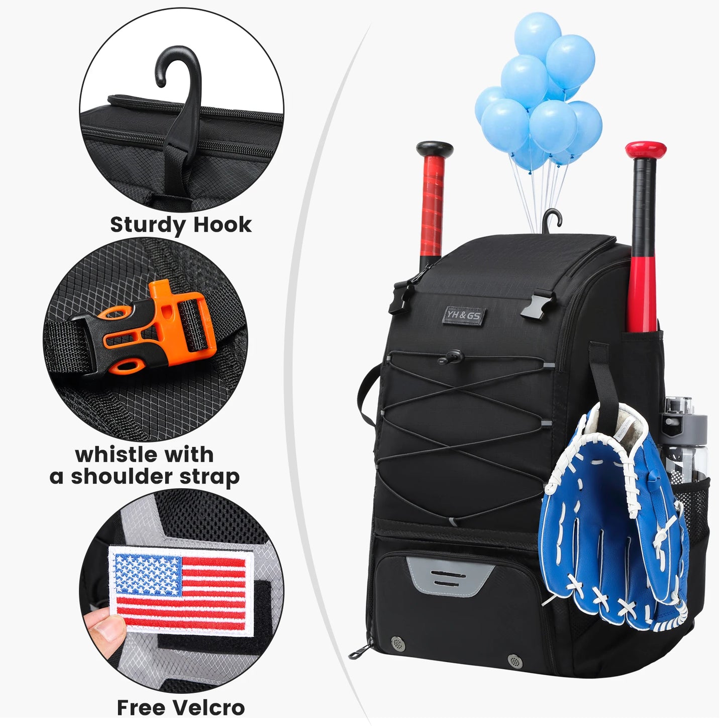 Youth Baseball Softball Backpack - Large Capacity Equipment Bag with Shoe Compartment