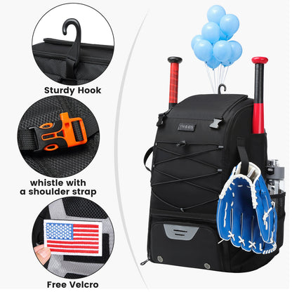 Youth Baseball Softball Backpack - Large Capacity Equipment Bag with Shoe Compartment