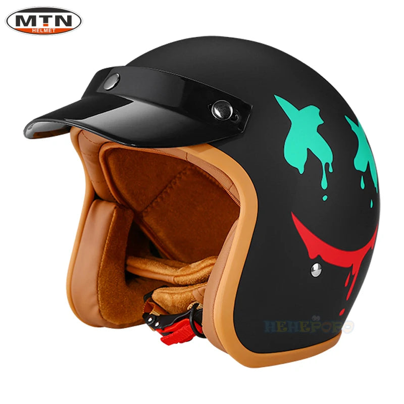 Vintage 3/4 Jet Motorcycle Helmet - DOT Certified Synthetic Leather Open Face Helmet with Mask