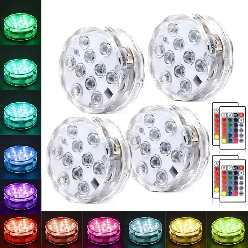 RGB LED Underwater Light - 10 LED Battery Powered Submersible Night Lamp for Swimming Pools, Gardens, Weddings & Party Decorations