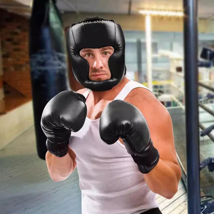 MMA Boxing Training Set - PU Leather Safety Gloves & Head Gear Protector for Adults & Kids - Kickboxing Equipment