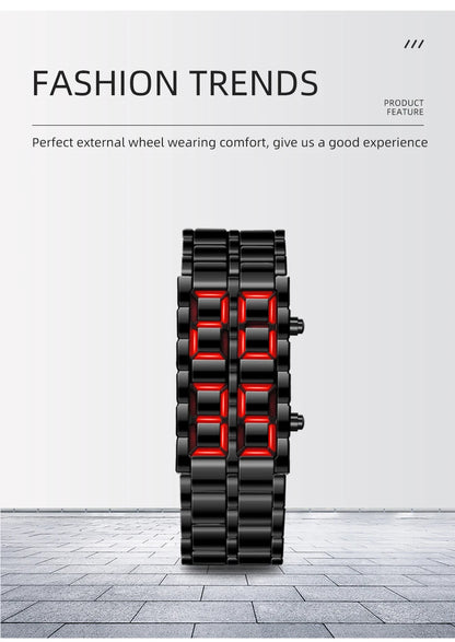 LED Digital Sports Watch - Full Metal Lava Style Wristwatch with Alarm & Calendar (Red/Blue Display)