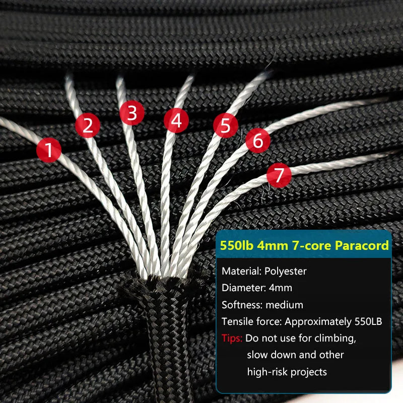 550 Paracord 4mm 7-Strand - Multi-Purpose Survival Rope for Climbing, Camping, Hiking, and Bracelets (Multiple Lengths)