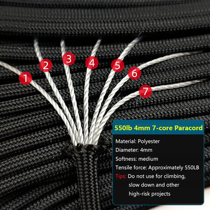 550 Paracord 4mm 7-Strand - Multi-Purpose Survival Rope for Climbing, Camping, Hiking, and Bracelets (Multiple Lengths)