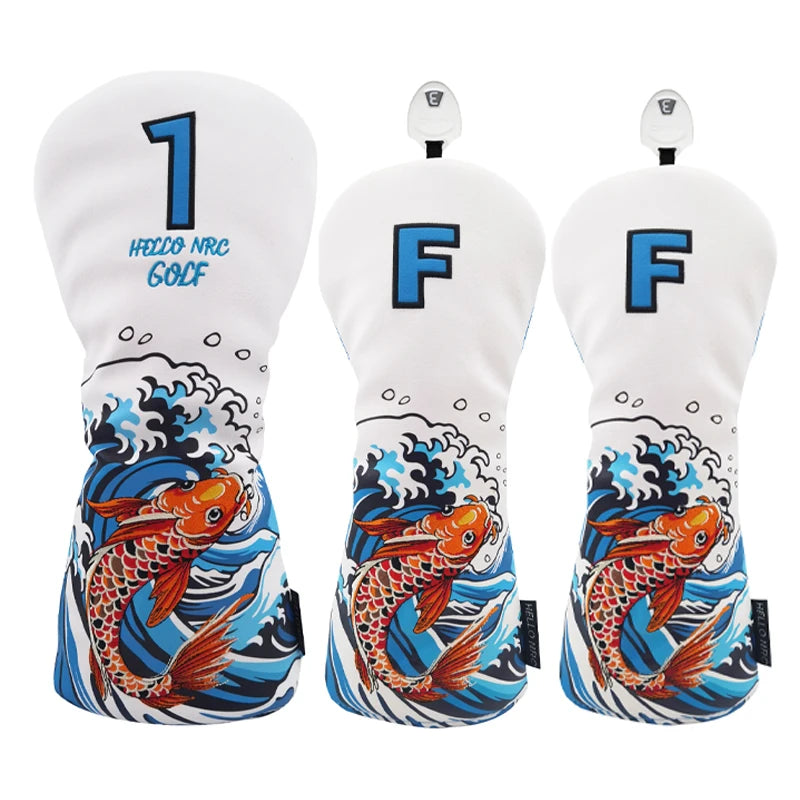Koi Pattern Golf Club Head Covers – PU Leather, Waterproof, Driver / Fairway / Hybrid / Putter