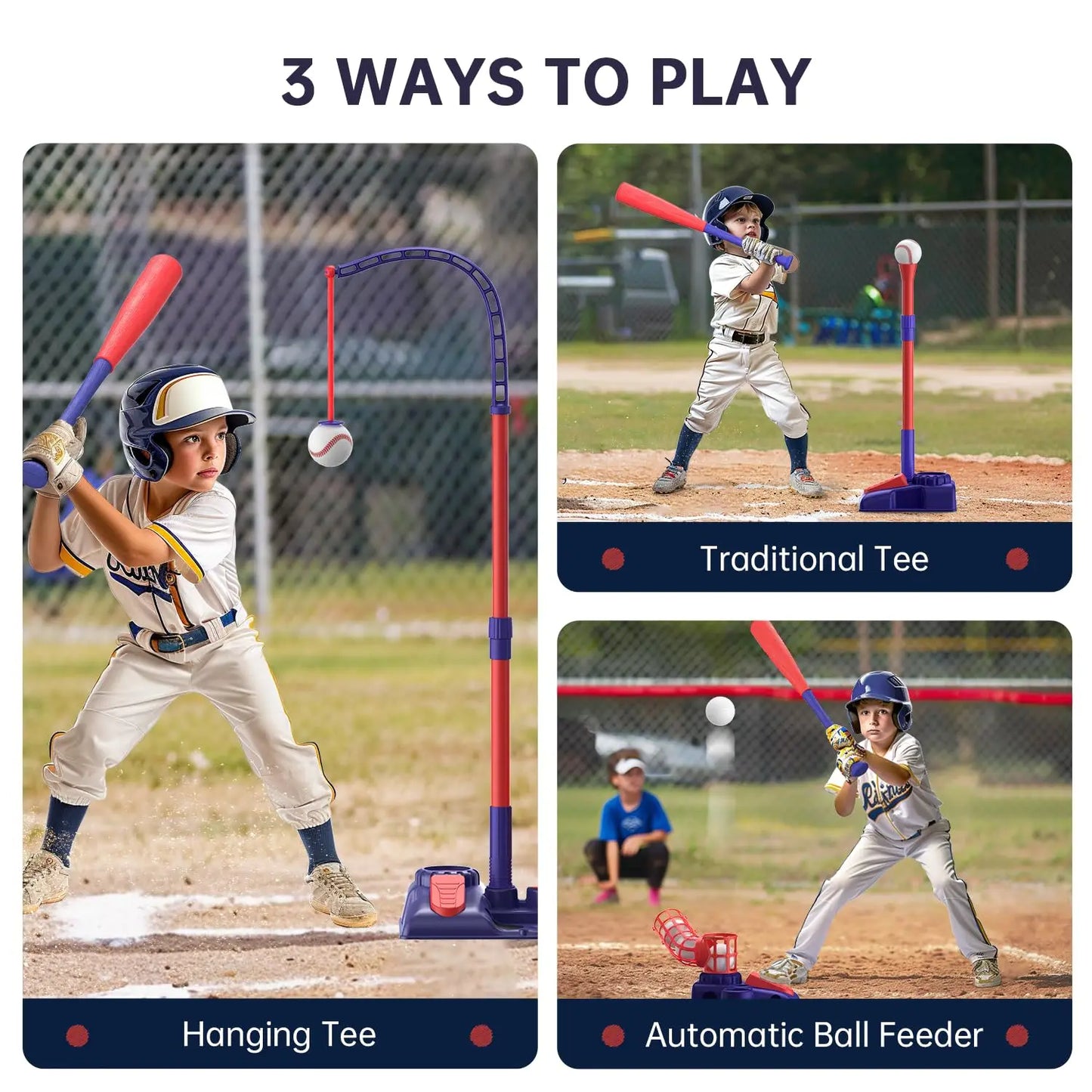 3-in-1 Kids Baseball Training Set - Batting Tee, Stand & Pitching Machine with 4 Softballs & Bat (Ages 3-8)