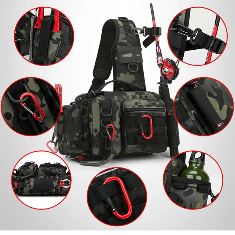Men's Fishing Backpack with Pole Holder - Equipment Storage Bag with Bait Box, Sling Shoulder Strap
