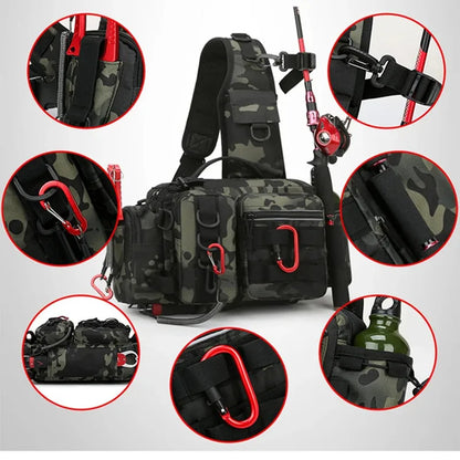 Men's Fishing Backpack with Pole Holder - Equipment Storage Bag with Bait Box, Sling Shoulder Strap